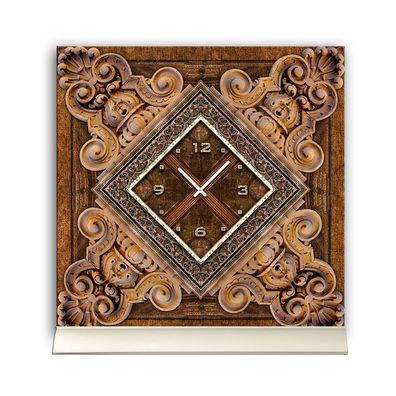 Tischuhr 30cmx30cm inkl. Alu-Ständer -antikes Design Motiv Holz Relief Schnitzerei...