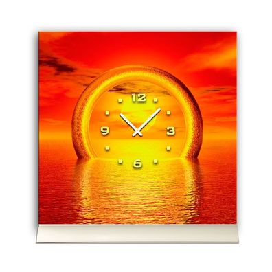 Tischuhr 30cmx30cm inkl. Alu-Ständer -Sonnenuntergang orange geräuschloses Quarzuh...