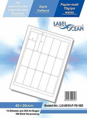 LabelOcean LO-0015-F-70-100, 1500 Etiketten, 40x90 mm, 100 Blatt DIN A4, 70g/ qm