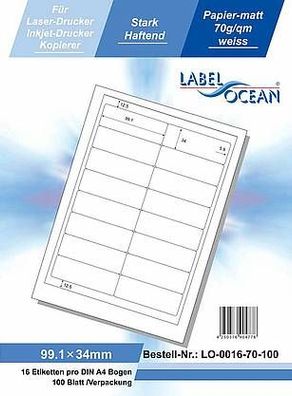LabelOcean LO-0016-70-100, 1600 Etiketten, 99,1x34 mm, 100 Blatt DIN A4, 70g/ qm