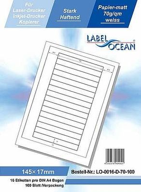 LabelOcean LO-0016-D-70-100, 1600 Etiketten, 145x17 mm, 100 Blatt DIN A4, 70g/ qm