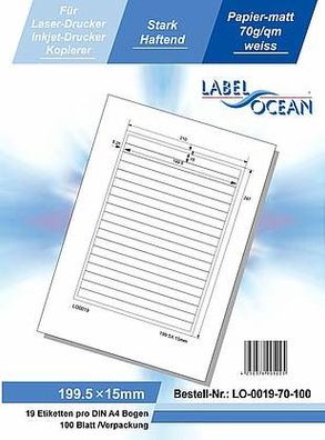 LabelOcean LO-0019-70-100, 1900 Etiketten, 199,5x15 mm, 100 Blatt DIN A4, 70g/ qm