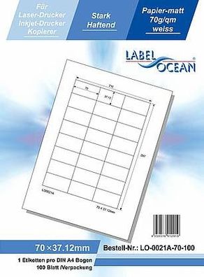 LabelOcean LO-0021-A-70-100, 2100 Etiketten, 70x37,12 mm, 100 Blatt DIN A4, 70g/ qm