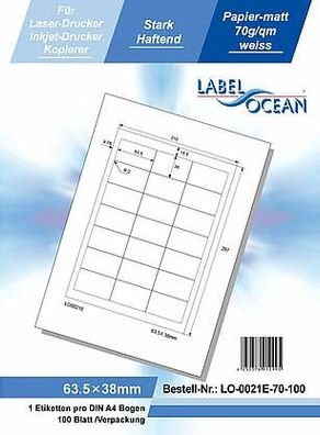 LabelOcean LO-0021-E-70-100, 2100 Etiketten, 63,5x38 mm, 100 Blatt DIN A4, 70g/ qm