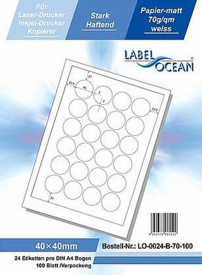 LabelOcean LO-0024-B-70-100, 2400 Etiketten, 40 mm, 100 Blatt DIN A4, 70g/ qm