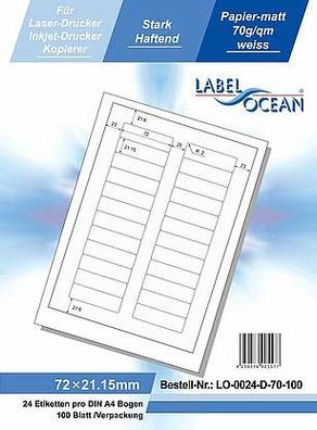 LabelOcean LO-0024-D-70-100, 2400 Etiketten, 72x21,15 mm, Blatt DIN A4, 70g/ qm