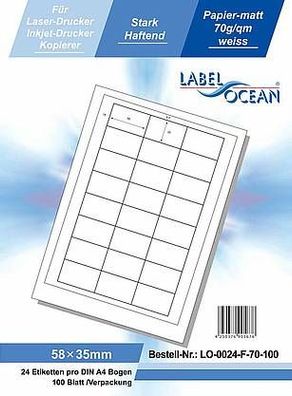 LabelOcean LO-0024-F-70-100, 2400 Etiketten, 58x35 mm, 100 Blatt DIN A4, 70g/ qm