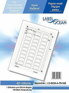 LabelOcean LO-0030-A-70-100, 3000 Etiketten, 49x26 mm, 100 Blatt DIN A4, 70g/ qm