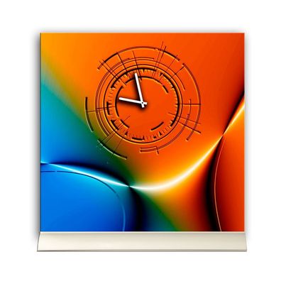Tischuhr 30cmx30cm inkl. Alu-Ständer -abstraktes zeitloses Design orange blau ...