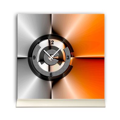 Tischuhr 30cmx30cm inkl. Alu-Ständer -modernes Design silbergrau orange geräuschl...