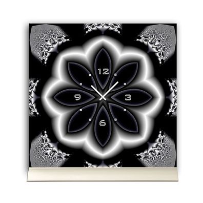 Tischuhr 30cmx30cm inkl. Alu-Ständer -abstraktes Design Blume schwarz geräuschlos...