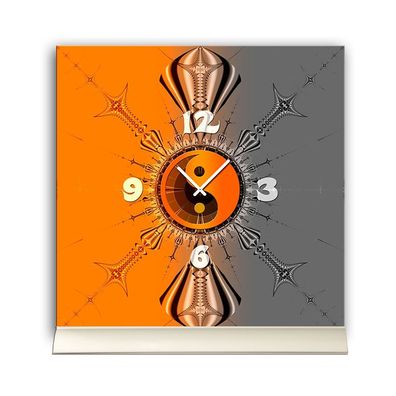 Tischuhr 30cmx30cm inkl. Alu-Ständer -mystisches Design Yin Yang orange grau ...