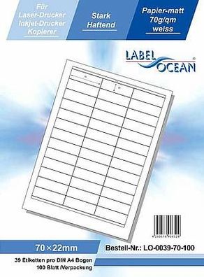 LabelOcean LO-0039-70-100, 3900 Etiketten, 70x22 mm, 100 Blatt DIN A4, 70g/ qm