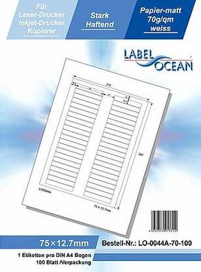 LabelOcean LO-0044-A-70-100, 4400 Etiketten, 75x12,7 mm, 100 Blatt DIN A4, 70g/ qm