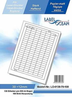 LabelOcean LO-0138-70-100, 13800 Etiketten, 30x12 mm, 100 Blatt DIN A4, 70g/ qm