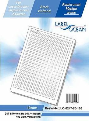 LabelOcean LO-0247-70-100, 24700 Etiketten, 10 mm, 100 Blatt DIN A4, 70g/ qm