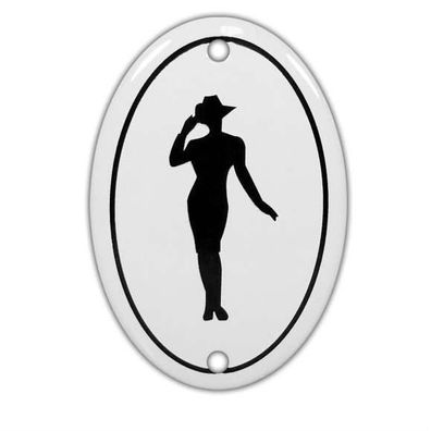 Email Emaille Damen WC Piktogramm Tür Schild Türschild Oval Weiß Schwarz 10cm x 7cm