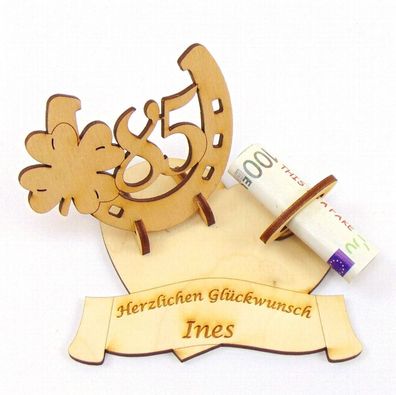 Geldgeschenk, Geburtstagszahl 85, Hufeisen mit Kleeblatt mit Namensgravur, Holz