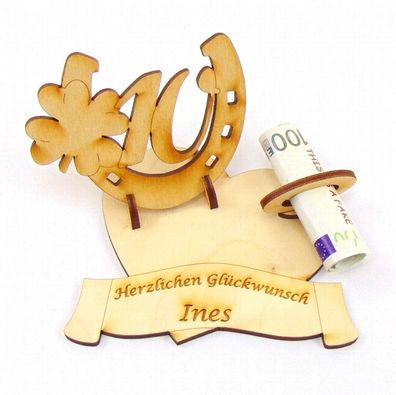 Geldgeschenk, Geburtstagszahl 10, Hufeisen mit Kleeblatt mit Namensgravur, Holz