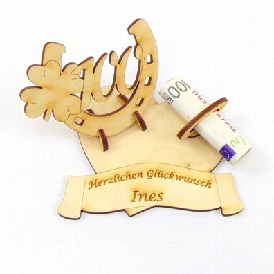 Geldgeschenk Geburtstagszahl 100, Hufeisen mit Kleeblatt mit Namensgravur, Holz