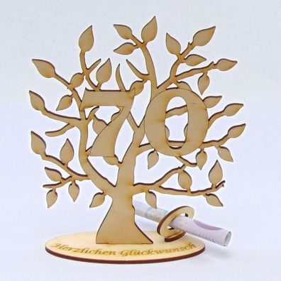 Lebensbaum Zahl 70, mit graviertem Fuß - Herzlichen Glückwunsch, 16 cm, Geldgeschenk