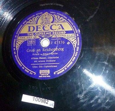 100982 Schellackplatte Decca "Gruß an Reichenberg" "Die Gipfeldtürmer" um 1930