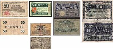 5 Noten Fünfzig Pfennig, 5 Scheine, echte Noten, M. Gladbach 1917, Mainz 1918, Moers