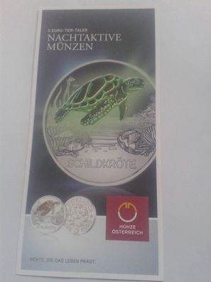 Folder 3 euro 2019 Österreich Schildkröte Serie Tiertaler Münze leuchtet im Dunkeln