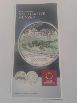 Folder 3 euro 2017 Österreich Krokodil Serie Tiertaler Münze leuchtet im Dunkeln