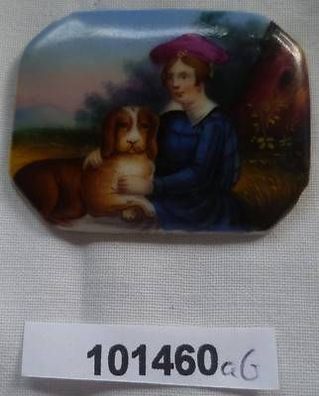 wunderbares handbemaltes Porzellan Medaillon Frau mit Hund um 1900