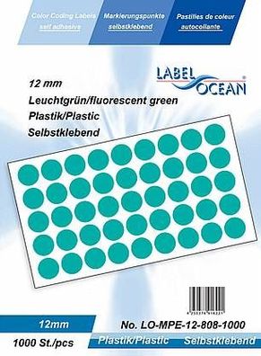 1000 Markierungspunkte, 12 mm, Plastik, leuchtgrün von LabelOcean