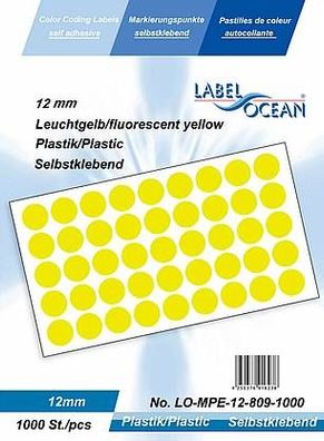 1000 Markierungspunkte, 12 mm, Plastik, leuchtgelb von LabelOcean