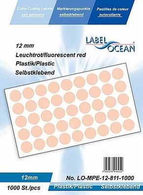 1000 Markierungspunkte, 12 mm, Plastik, leuchtrot von LabelOcean