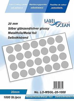 1000 Markierungspunkte, 20 mm, Plastik, silberglänzend von LabelOcean