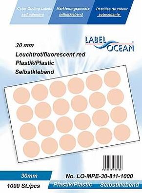 1000 Markierungspunkte, 30 mm, Plastik, leuchtrot von LabelOcean