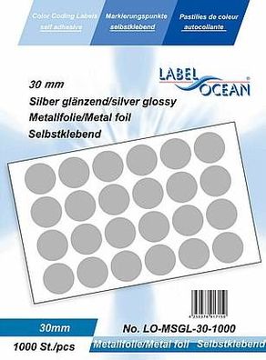 1000 Markierungspunkte, 30 mm, Plastik, silberglänzend von LabelOcean