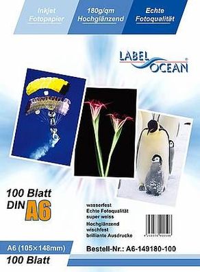 LabelOcean Premium Fotopapier 100Blatt A6 180g/ qm Highglossy hochglänzend wasserfest