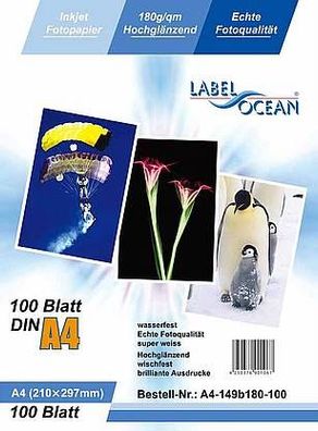LabelOcean Premium Fotopapier 100Blatt A4 180g/ qm Highglossy hochglänzend wasserfest