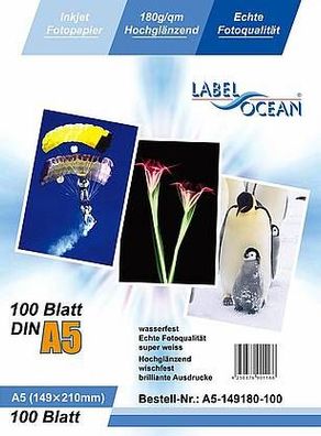 LabelOcean Premium Fotopapier 100Blatt A5 180g/ qm Highglossy hochglänzend wasserfest