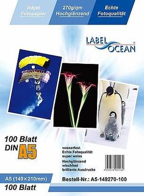 LabelOcean Premium Fotopapier 100Blatt A5 270g/ qm Highglossy hochglänzend wasserfest