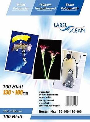 LabelOcean Premium Fotopapier 100Blatt 13x18 cm 180g/ qm Highglossy hochglänzend wass