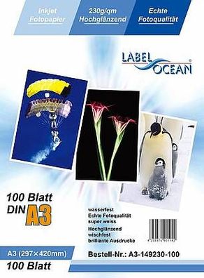 LabelOcean Premium Fotopapier 100Blatt A3 230g/ qm Highglossy hochglänzend wasserfest