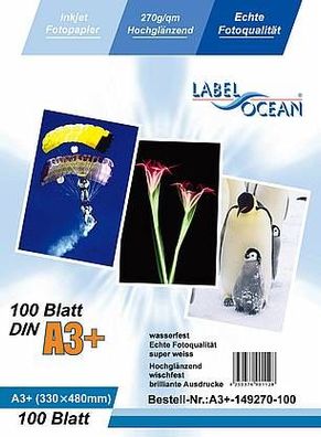 LabelOcean Premium Fotopapier 100Blatt A3+ (330x480mm) 270g/ qm Highglossy hochglänze