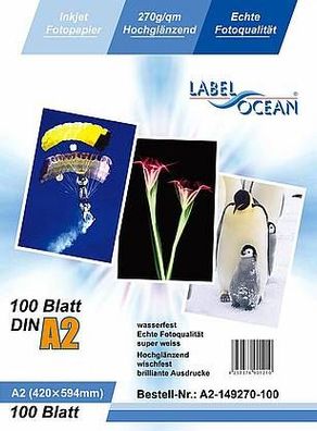 LabelOcean Premium Fotopapier 100Blatt A2 270g/ qm Highglossy hochglänzend wasserfest