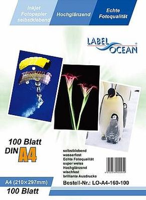 LabelOcean Premium Fotopapier selbstklebend 100 Blatt A4 Highglossy hochglänzend wass