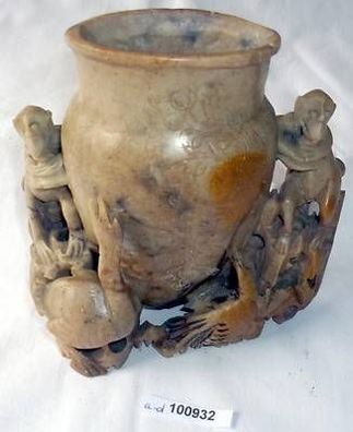 künstlerische Speckstein Vase mit Affen und Vögeln um 1925