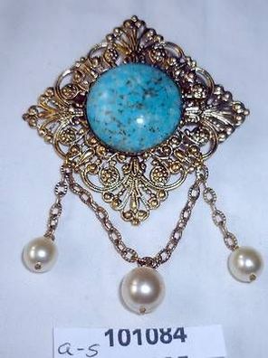 hübsche Brosche Modeschmuck mit blauem Stein und 3 Perlen