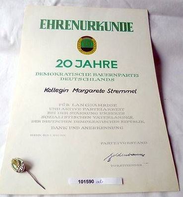 DDR Ehrenurkunde 20 Jahre Deutesche Bauernpartei DBD 1968