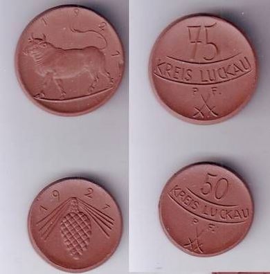 Satz mit 2 Porzellan Münzen 50, 75 Pfennig Kreis Luckau 1921