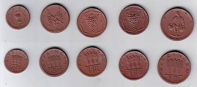Satz mit 5 Porzellan Münzen 50, 75 Pfennig und 2 x 1, 3 Mark Kitzingen 1921